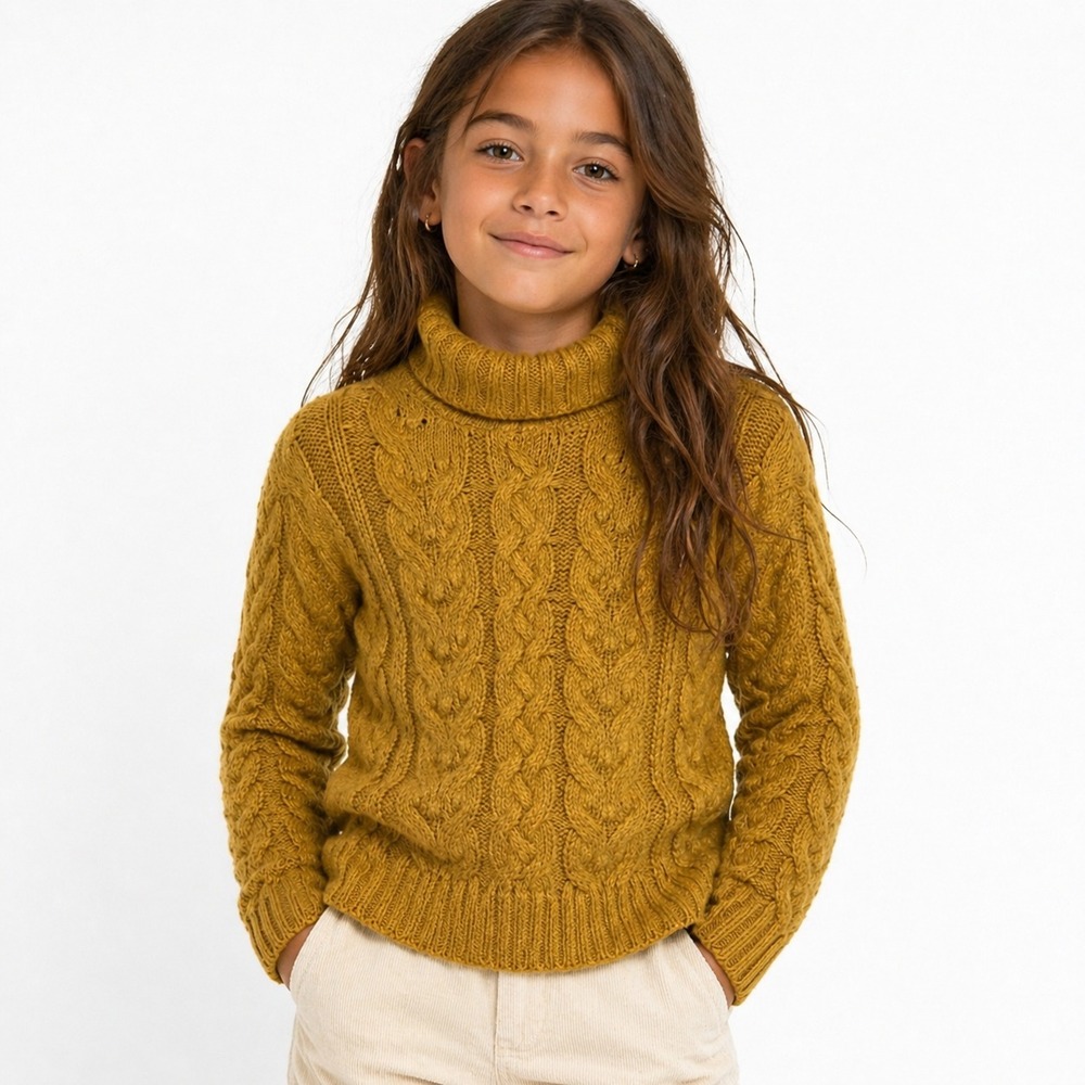 Zara Pullover Sweater Kid's Size 11-12 Years Mustard Turtle Neck Cable-Knit